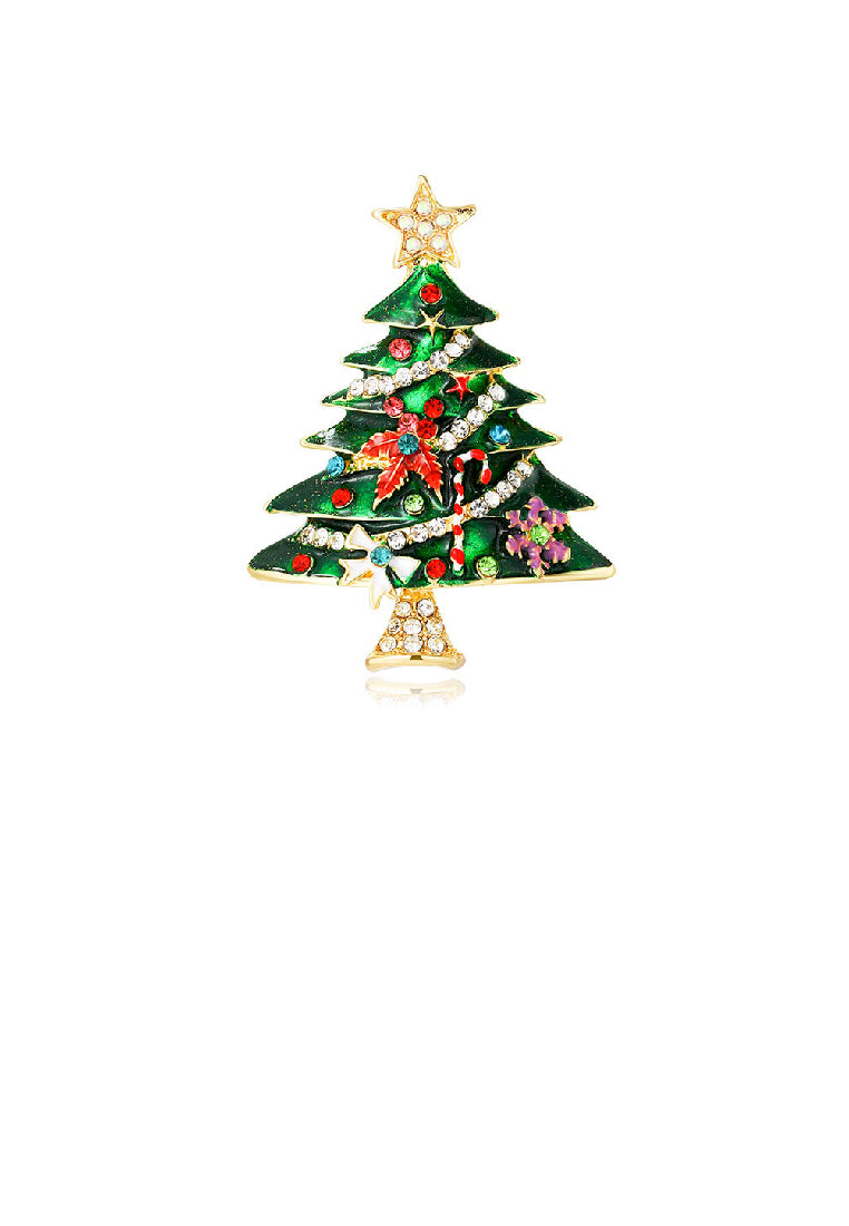 Simple Fashion Plated Gold Enamel Green Christmas Tree Brooch with Cubic Zirconia - Luxurious Look