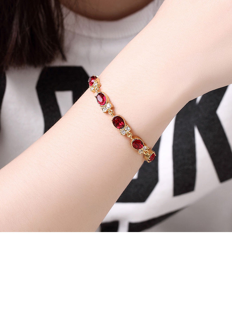 Classic Fashion Plated Gold Geometric Oval Red Cubic Zircon Bracelet - Vibrant Color