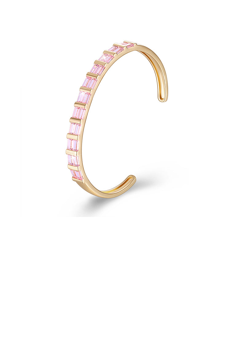 Fashion Plated Champagne Gold Open Bangle with Pink Cubic Zirconia - Luxurious Look - Vibrant Color