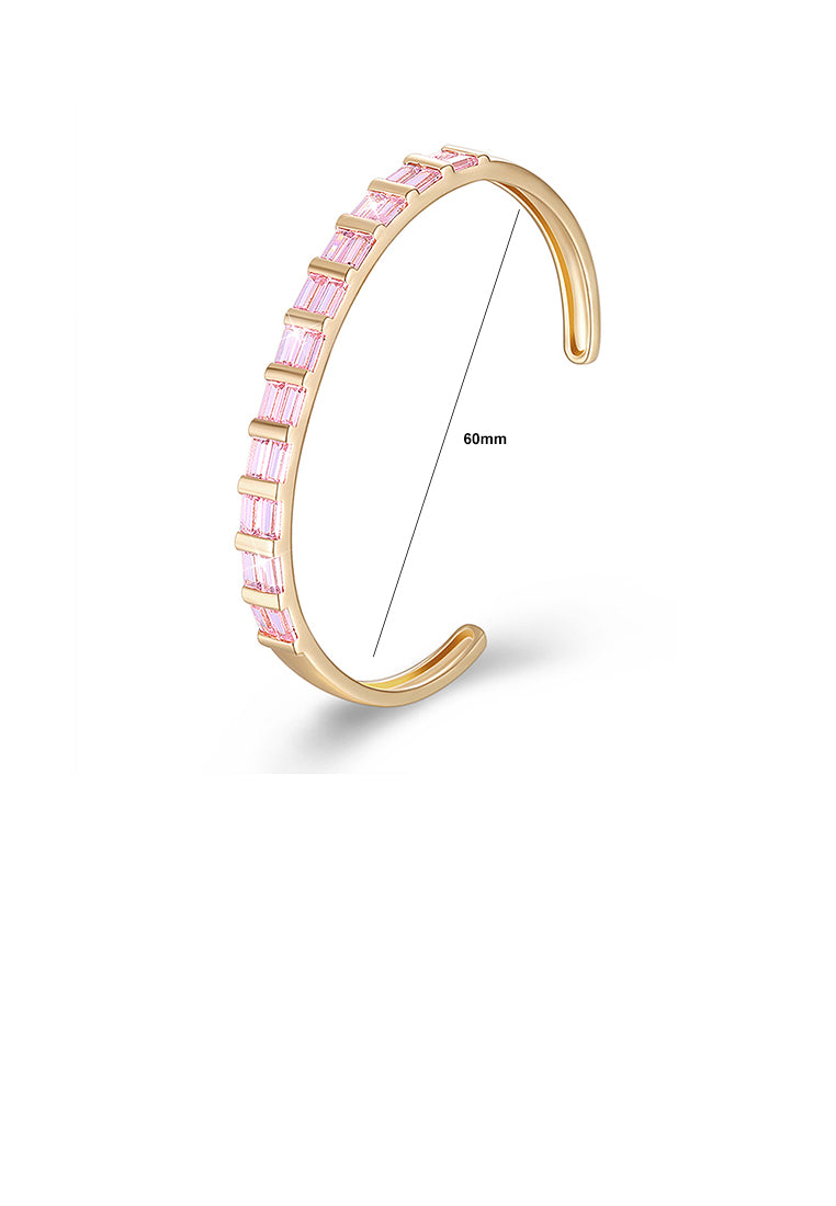 Fashion Plated Champagne Gold Open Bangle with Pink Cubic Zirconia - Luxurious Look - Vibrant Color