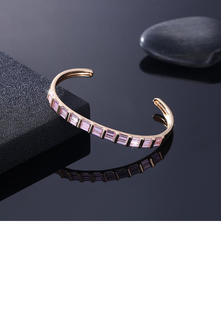 Fashion Plated Champagne Gold Open Bangle with Pink Cubic Zirconia - Luxurious Look - Vibrant Color
