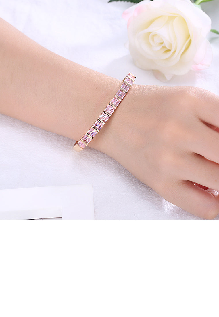 Fashion Plated Champagne Gold Open Bangle with Pink Cubic Zirconia - Luxurious Look - Vibrant Color