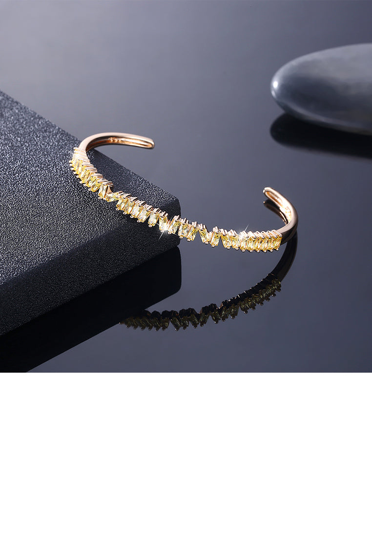 Fashion Plated Champagne Gold Open Bangle with Yellow Cubic Zircon