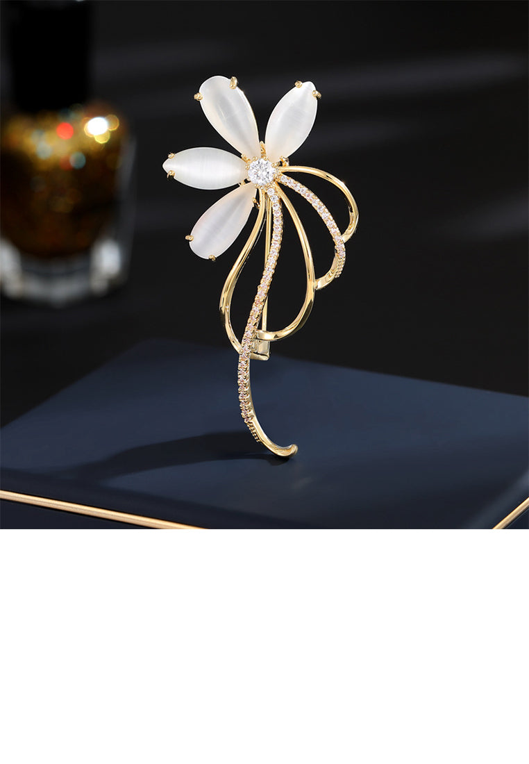 Fashion Simple Plated Gold Flower Imitation Opal Brooch with Cubic Zirconia - Luxurious Look