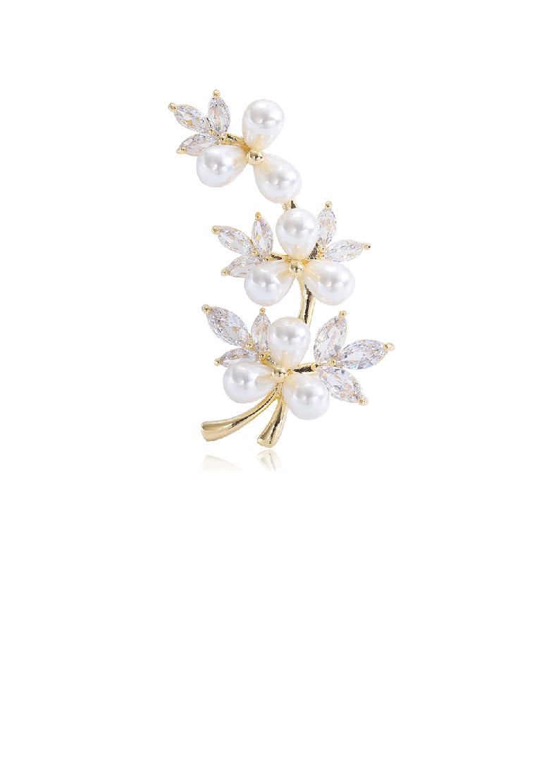 Fashion Elegant Plated Gold Floral Imitation Pearl Brooch with Cubic Zirconia - Luxurious Look