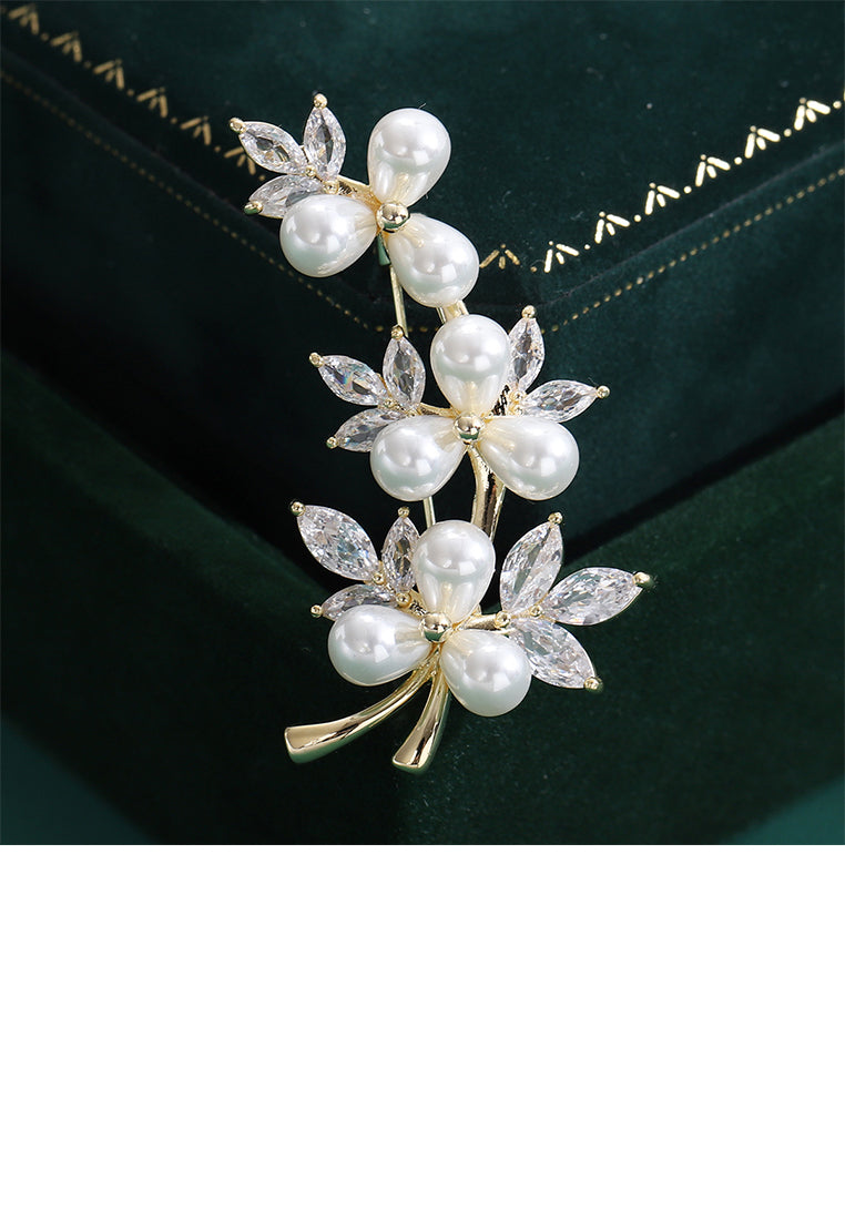 Fashion Elegant Plated Gold Floral Imitation Pearl Brooch with Cubic Zirconia - Luxurious Look