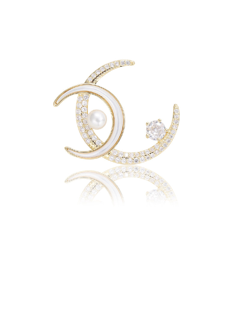 Fashion Simple Plated Gold Shell Double Moon Imitation Pearl Brooch with Cubic Zirconia - Luxurious Look