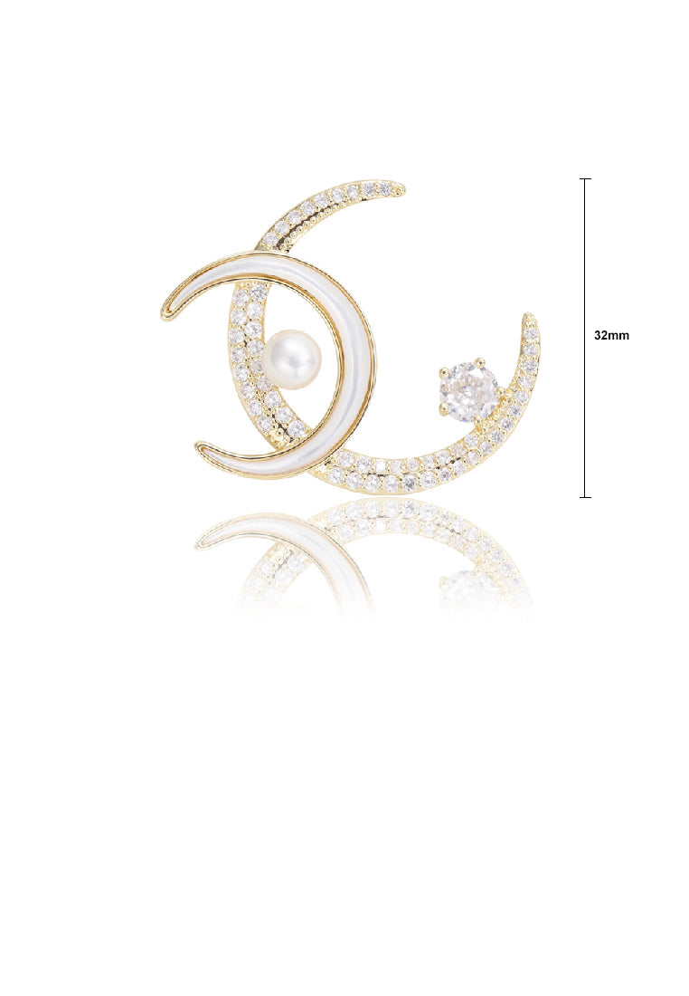Fashion Simple Plated Gold Shell Double Moon Imitation Pearl Brooch with Cubic Zirconia - Luxurious Look