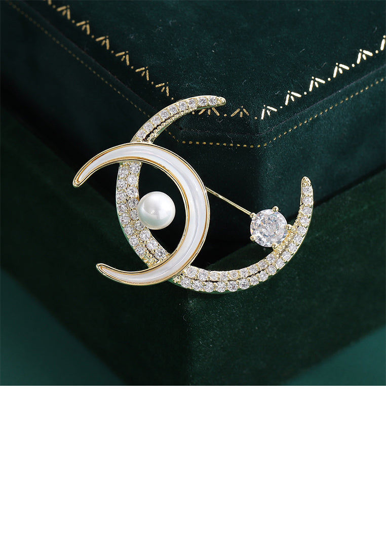 Fashion Simple Plated Gold Shell Double Moon Imitation Pearl Brooch with Cubic Zirconia - Luxurious Look