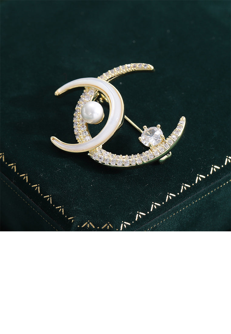 Fashion Simple Plated Gold Shell Double Moon Imitation Pearl Brooch with Cubic Zirconia - Luxurious Look