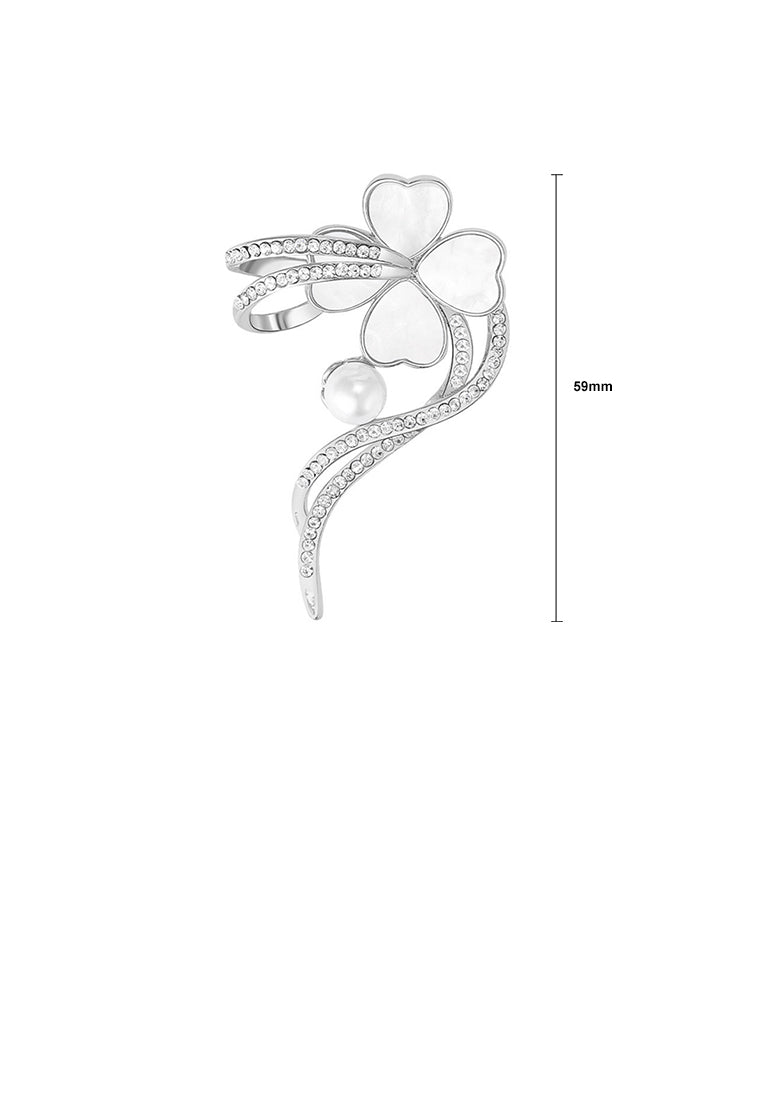 Fashion and Elegant Four-leafed Clover Ribbon Imitation Pearl Brooch with Cubic Zirconia - Luxurious Look