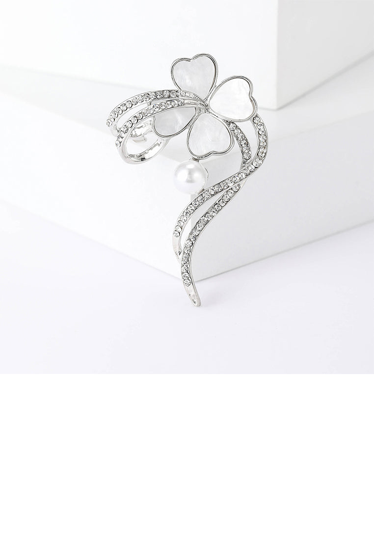 Fashion and Elegant Four-leafed Clover Ribbon Imitation Pearl Brooch with Cubic Zirconia - Luxurious Look