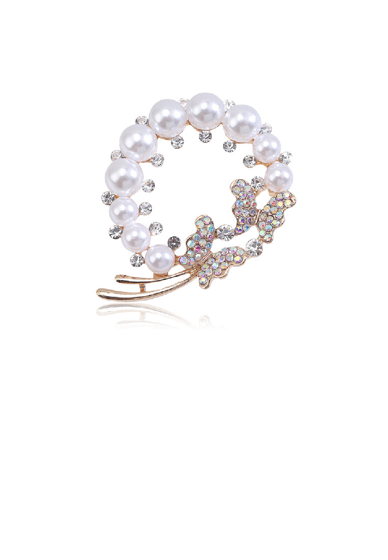 Fashion Elegant Plated Gold Butterfly Wreath Imitation Pearl Brooch with Cubic Zirconia - Luxurious Look