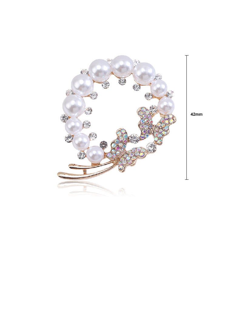 Fashion Elegant Plated Gold Butterfly Wreath Imitation Pearl Brooch with Cubic Zirconia - Luxurious Look