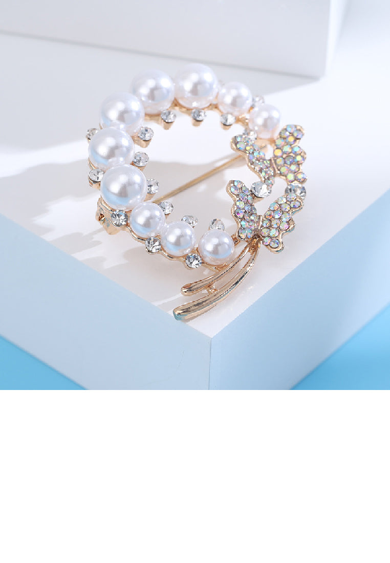 Fashion Elegant Plated Gold Butterfly Wreath Imitation Pearl Brooch with Cubic Zirconia - Luxurious Look