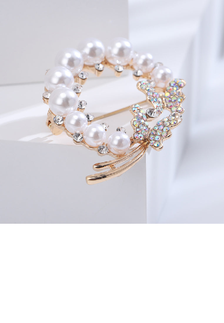 Fashion Elegant Plated Gold Butterfly Wreath Imitation Pearl Brooch with Cubic Zirconia - Luxurious Look