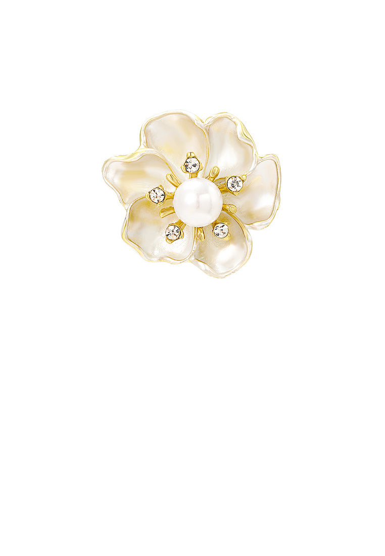 Simple and Fashion Plated Gold Flower Imitation Pearl Brooch with Cubic Zirconia - Luxurious Look