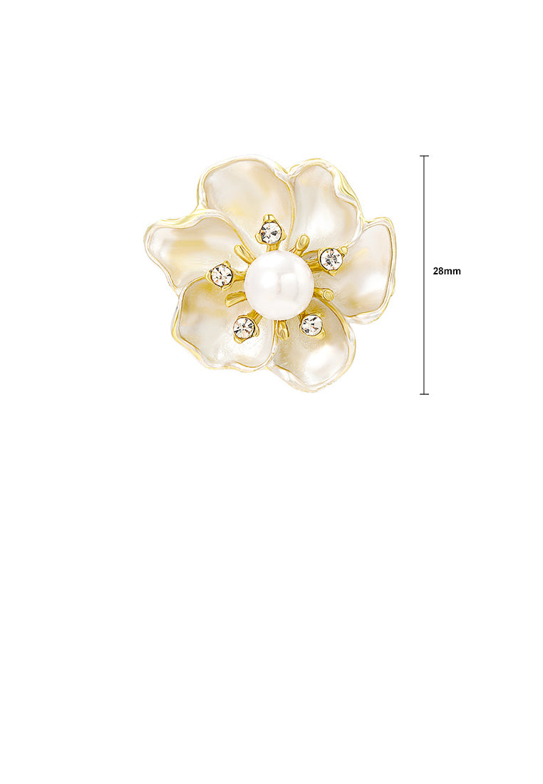 Simple and Fashion Plated Gold Flower Imitation Pearl Brooch with Cubic Zirconia - Luxurious Look