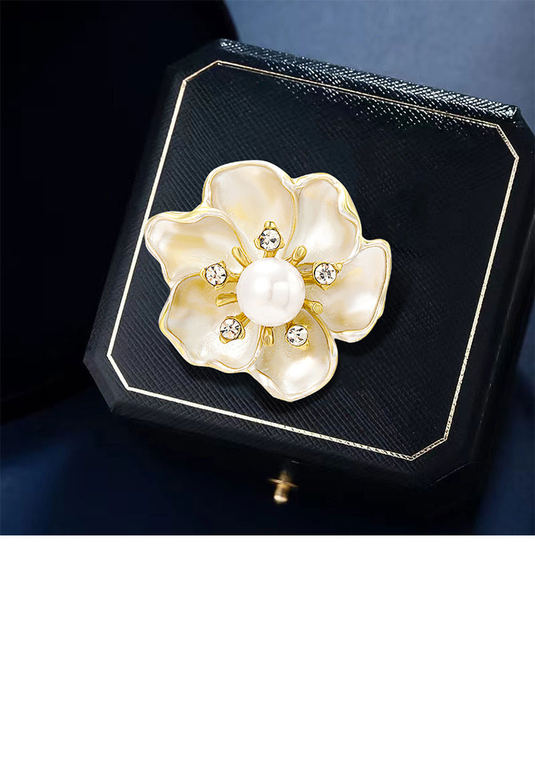 Simple and Fashion Plated Gold Flower Imitation Pearl Brooch with Cubic Zirconia - Luxurious Look