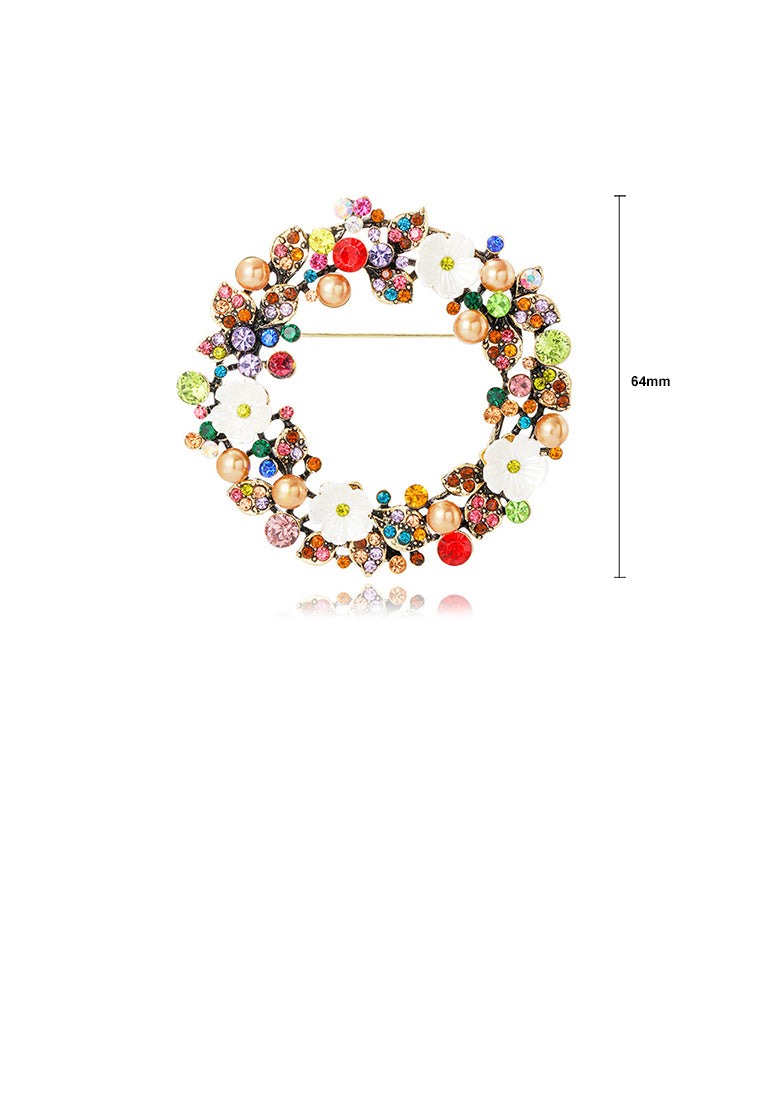 Fashion and Elegant Plated Gold Flower Circle Imitation Pearl Brooch with Colored Cubic Zirconia - Luxurious Look