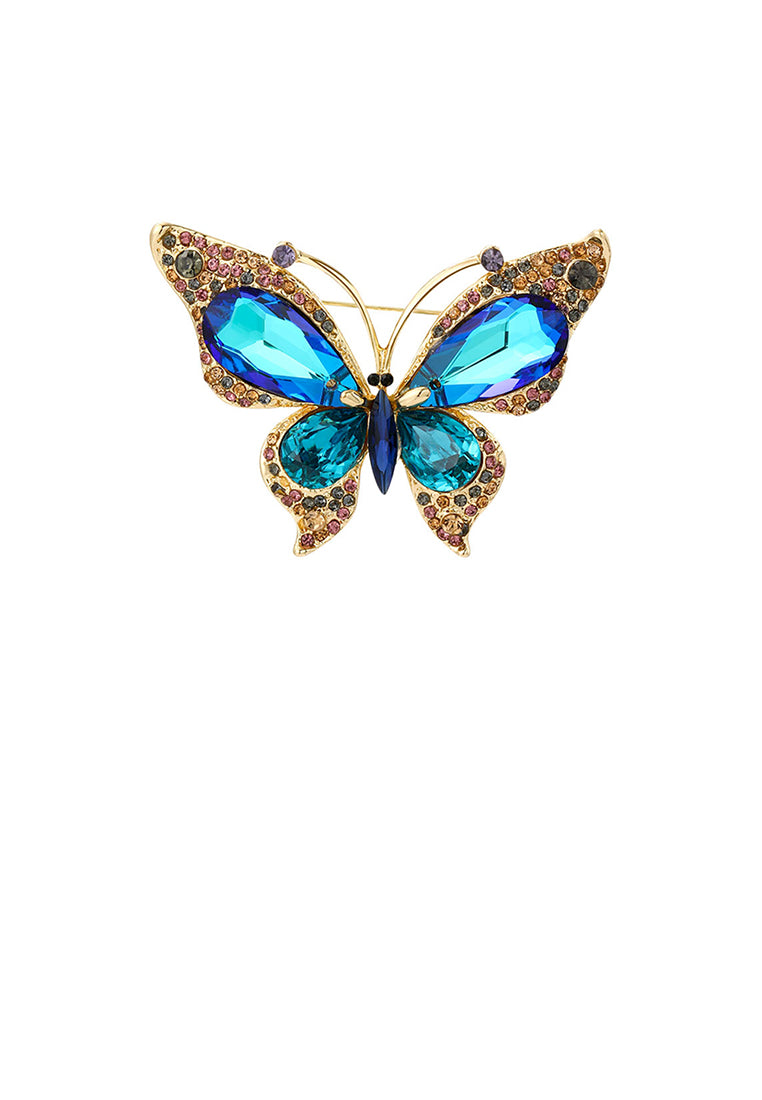 Elegant Brilliant Plated Gold Butterfly Brooch with Blue Cubic Zirconia - Luxurious Look