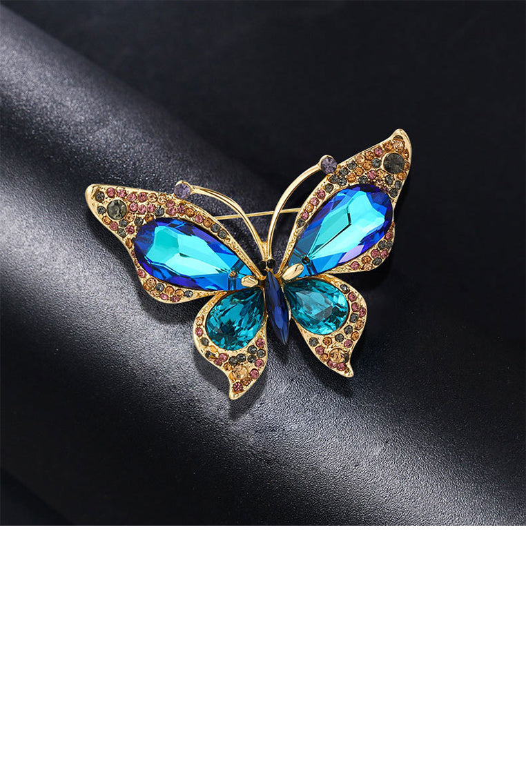 Elegant Brilliant Plated Gold Butterfly Brooch with Blue Cubic Zirconia - Luxurious Look