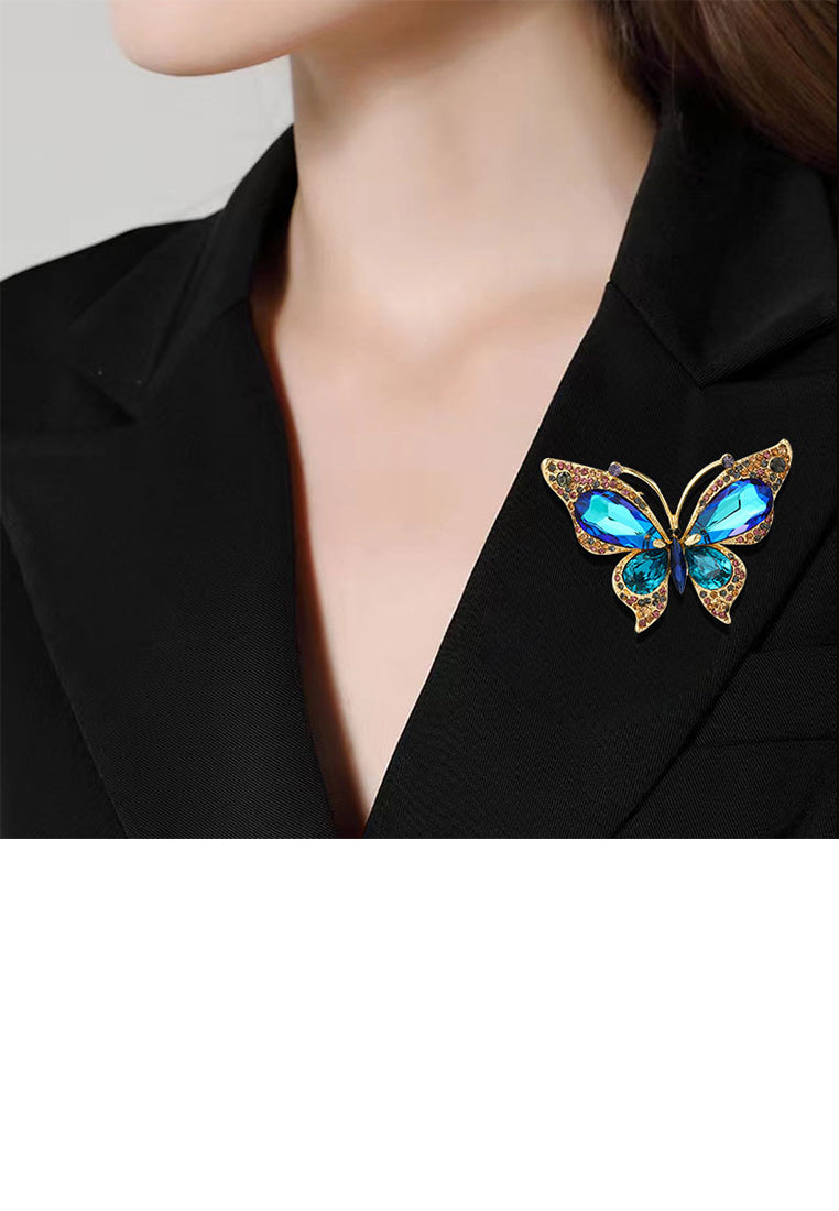 Elegant Brilliant Plated Gold Butterfly Brooch with Blue Cubic Zirconia - Luxurious Look