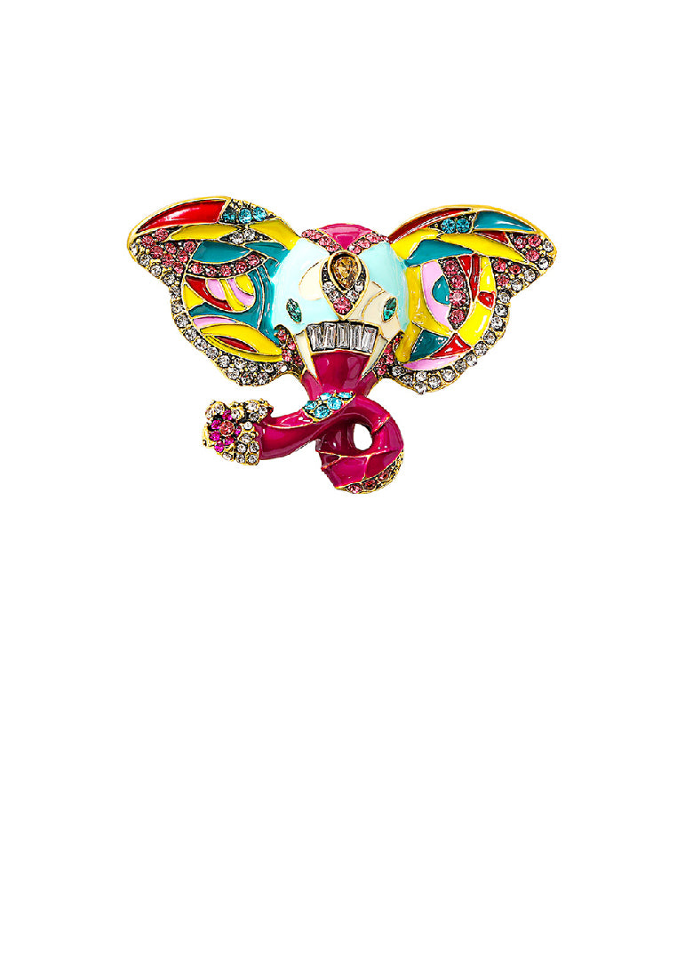 Stylish Vintage Plated Gold Enamel Colorful Elephant Brooch with Cubic Zirconia - Luxurious Look