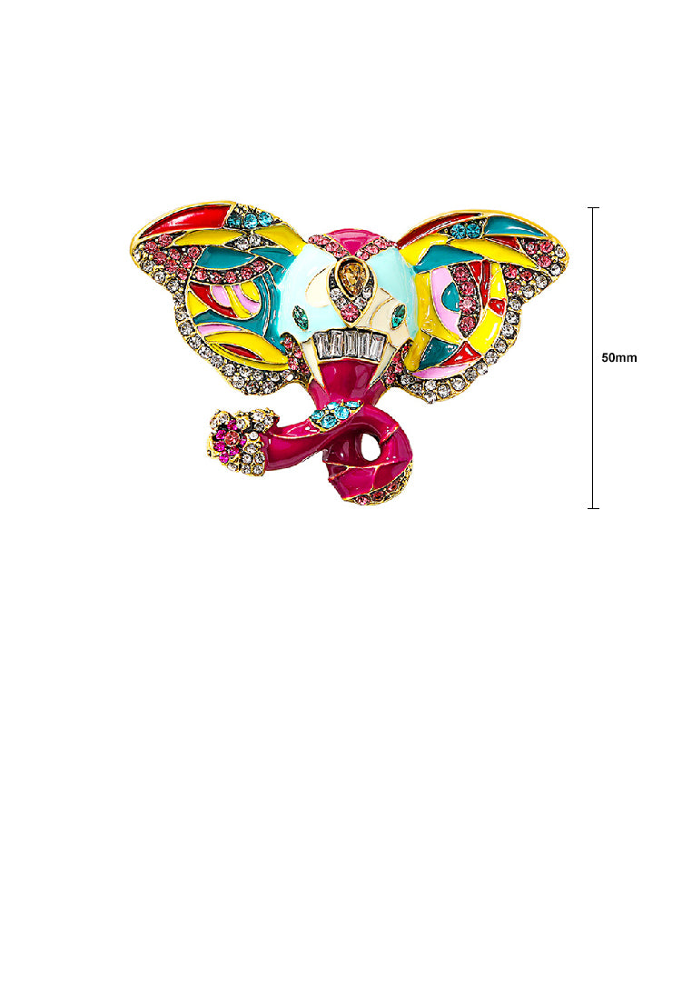 Stylish Vintage Plated Gold Enamel Colorful Elephant Brooch with Cubic Zirconia - Luxurious Look