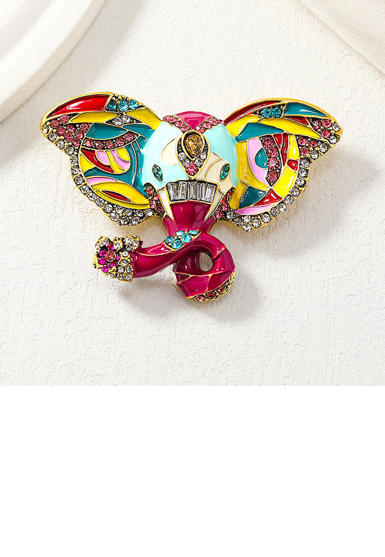 Stylish Vintage Plated Gold Enamel Colorful Elephant Brooch with Cubic Zirconia - Luxurious Look