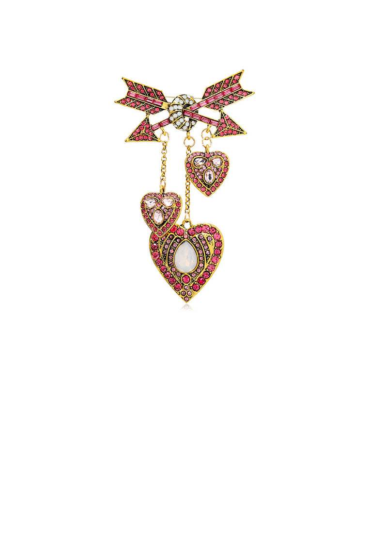 Fashion Vintage Plated Gold Cupid Arrow Heart Tassel Brooch with Pink Cubic Zirconia - Luxurious Look - Vibrant Color