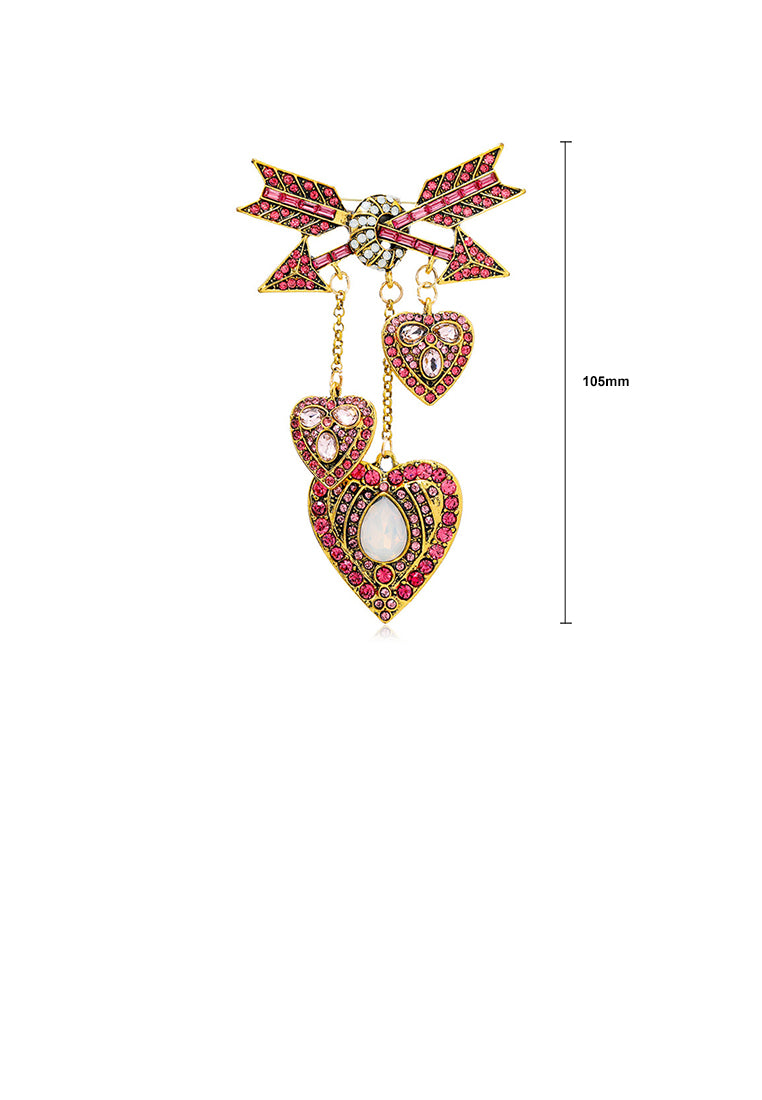 Fashion Vintage Plated Gold Cupid Arrow Heart Tassel Brooch with Pink Cubic Zirconia - Luxurious Look - Vibrant Color
