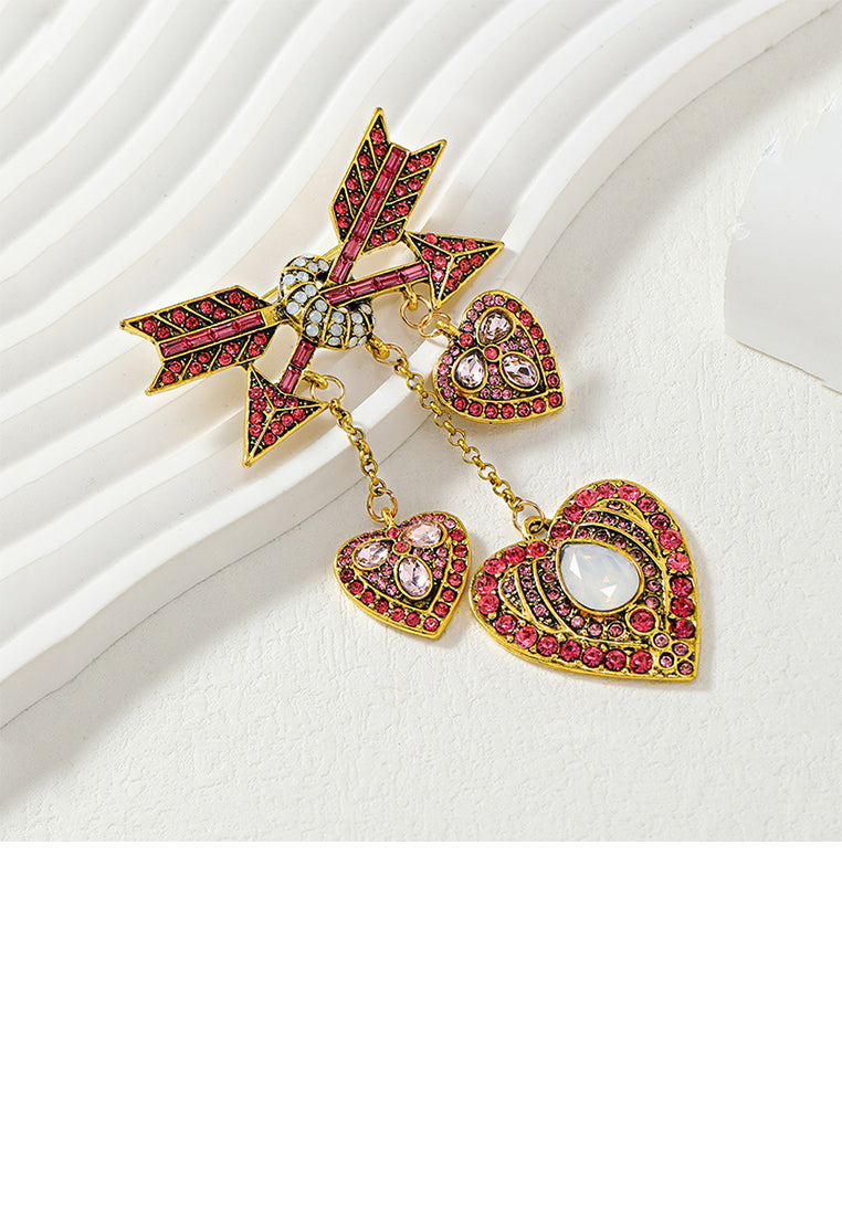 Fashion Vintage Plated Gold Cupid Arrow Heart Tassel Brooch with Pink Cubic Zirconia - Luxurious Look - Vibrant Color