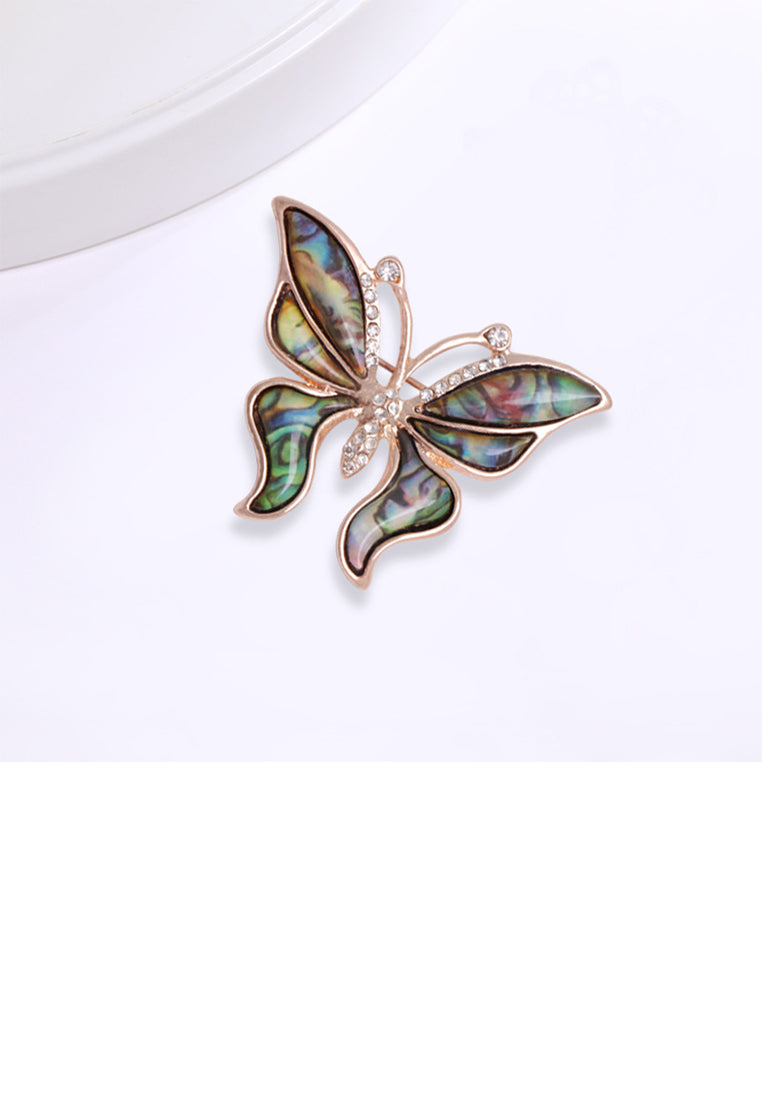 Fashion and Elegant Plated Gold Butterfly Colorful Shell Brooch with Cubic Zirconia - Luxurious Look