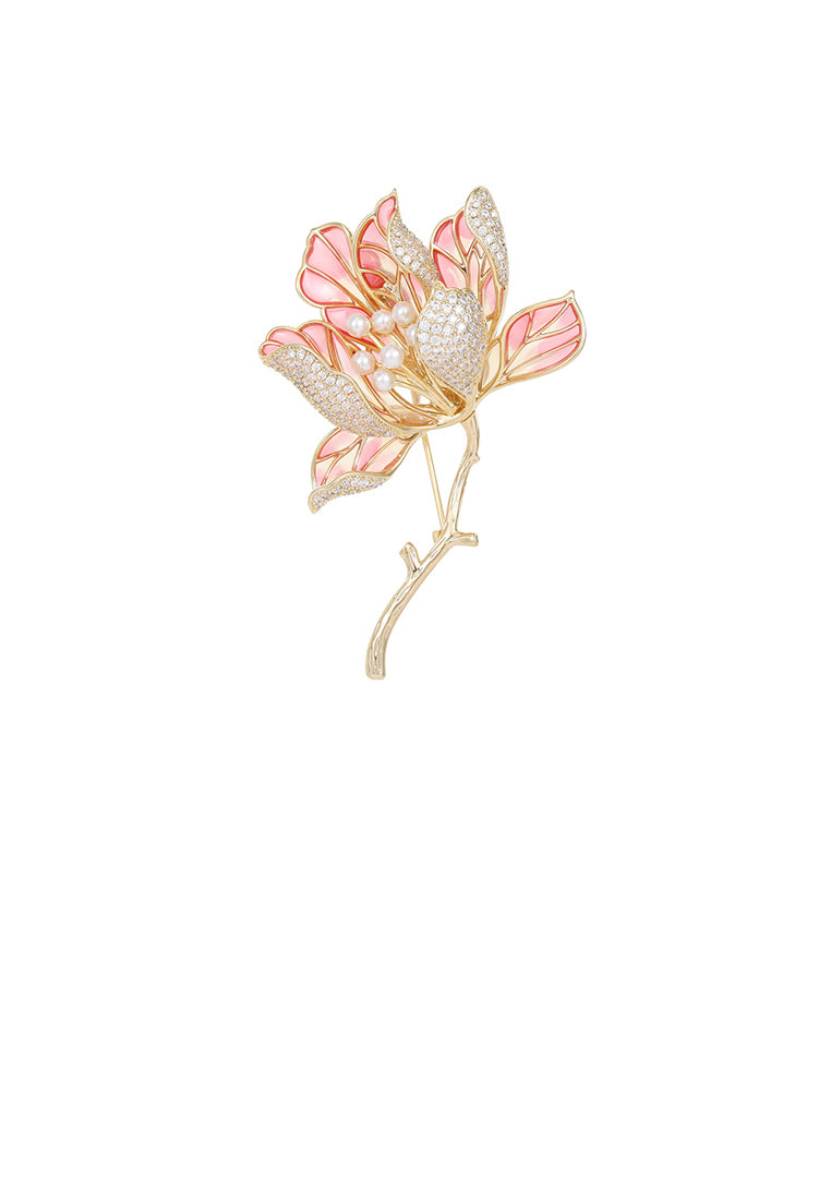 Fashion and Elegant Plated Gold Enamel Pink Begonia Flower Brooch with Cubic Zirconia - Luxurious Look - Vibrant Color