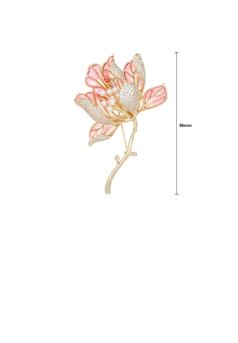 Fashion and Elegant Plated Gold Enamel Pink Begonia Flower Brooch with Cubic Zirconia - Luxurious Look - Vibrant Color