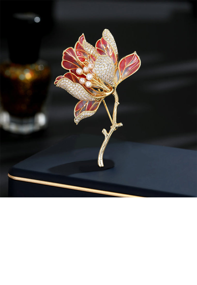 Fashion and Elegant Plated Gold Enamel Pink Begonia Flower Brooch with Cubic Zirconia - Luxurious Look - Vibrant Color