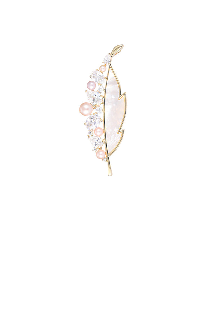 Fashion Temperament Plated Gold Feather Imitation Pearl Brooch with Cubic Zirconia - Luxurious Look