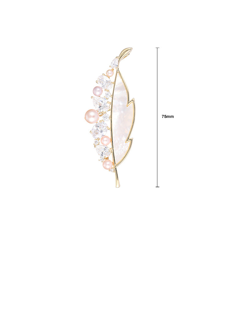 Fashion Temperament Plated Gold Feather Imitation Pearl Brooch with Cubic Zirconia - Luxurious Look