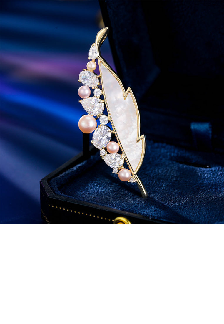Fashion Temperament Plated Gold Feather Imitation Pearl Brooch with Cubic Zirconia - Luxurious Look