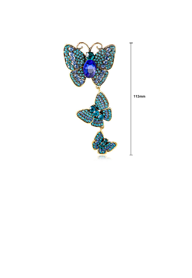 Elegant Vintage Plated Gold Butterfly Long Brooch with Blue Cubic Zirconia - Luxurious Look