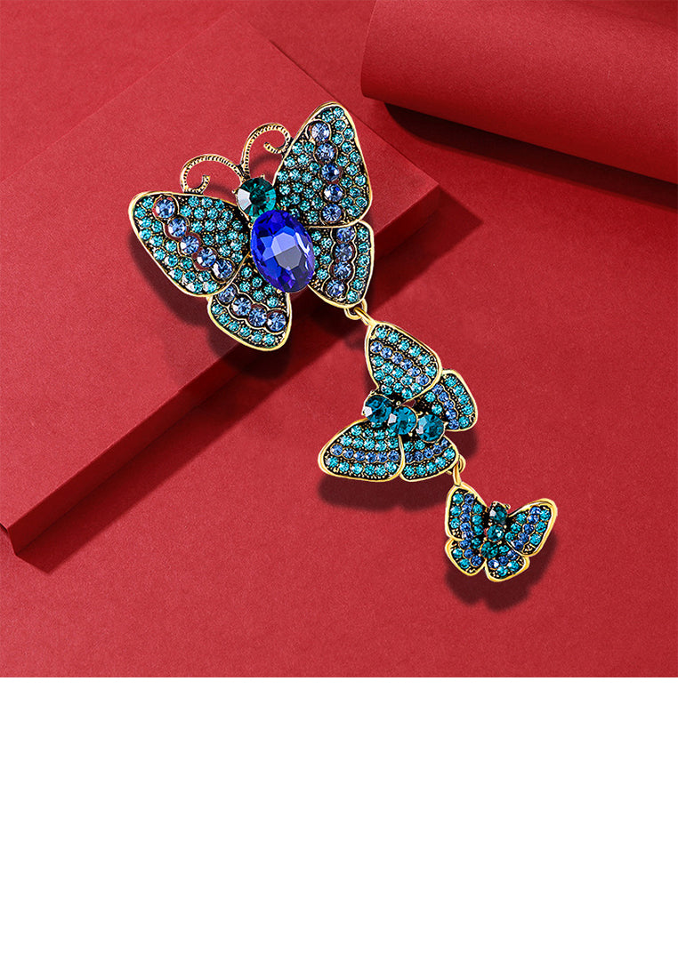 Elegant Vintage Plated Gold Butterfly Long Brooch with Blue Cubic Zirconia - Luxurious Look