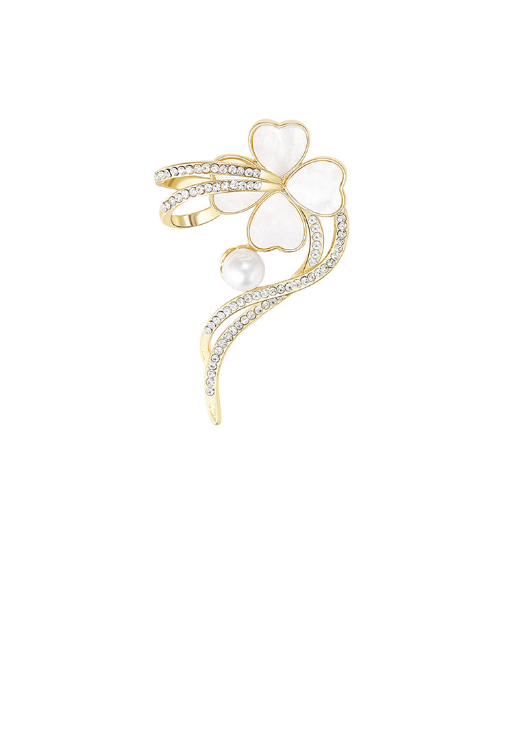 Fashion and Elegant Plated Gold Four-leafed Clover Ribbon Imitation Pearl Brooch with Cubic Zirconia - Luxurious Look