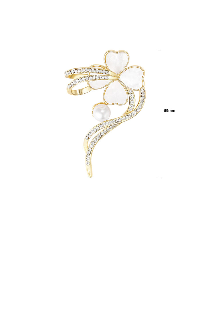 Fashion and Elegant Plated Gold Four-leafed Clover Ribbon Imitation Pearl Brooch with Cubic Zirconia - Luxurious Look