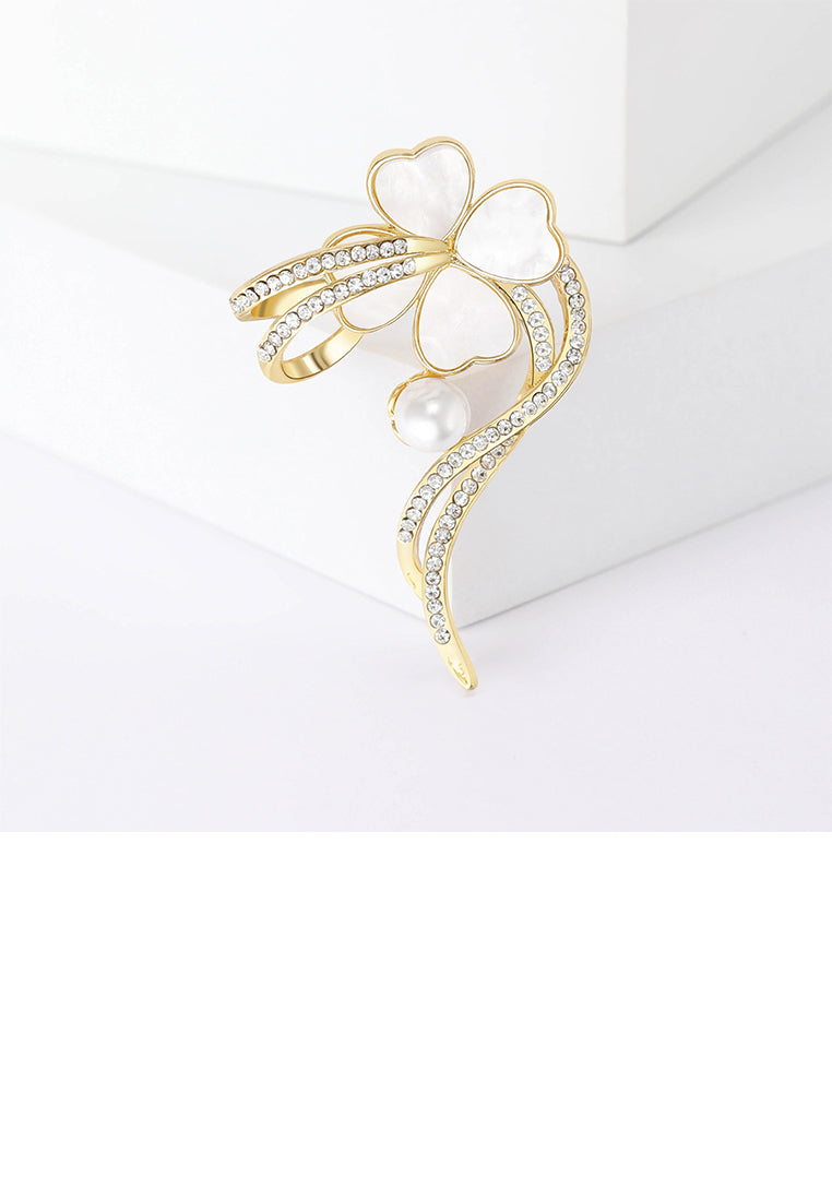 Fashion and Elegant Plated Gold Four-leafed Clover Ribbon Imitation Pearl Brooch with Cubic Zirconia - Luxurious Look