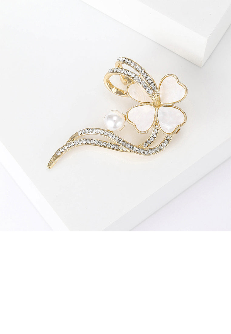 Fashion and Elegant Plated Gold Four-leafed Clover Ribbon Imitation Pearl Brooch with Cubic Zirconia - Luxurious Look