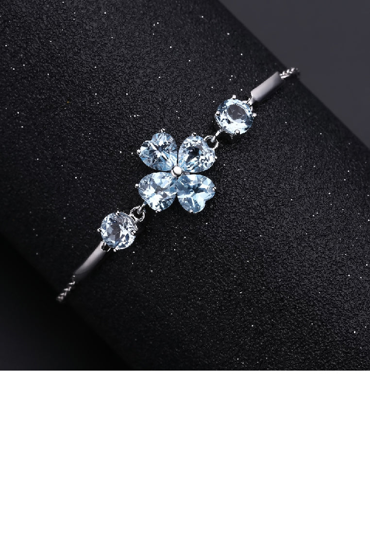 925 Sterling Silver Fashionable Four-Leafed Clover Blue Topaz Bracelet