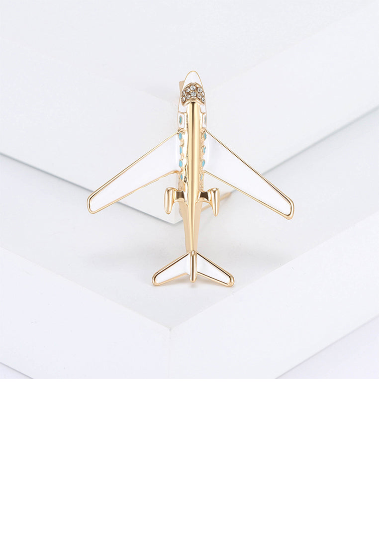 Fashion Simple Plated Gold Enamel Airplane Brooch with Cubic Zirconia - Luxurious Look