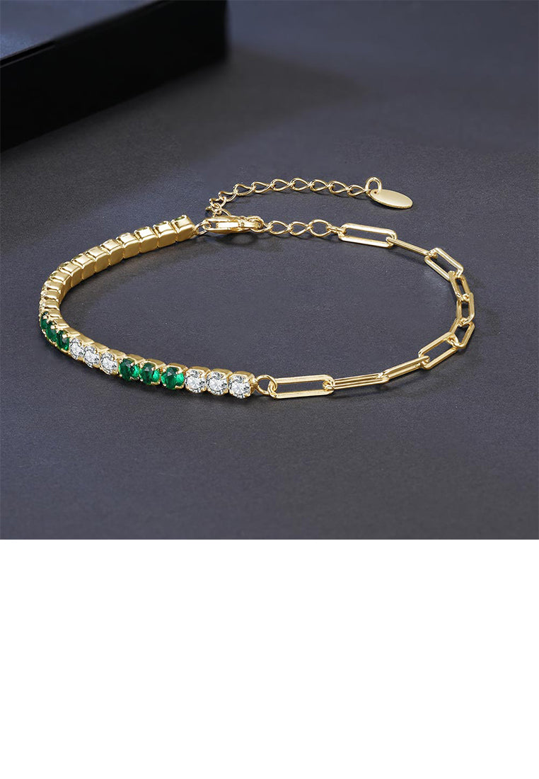 925 Sterling Silver Plated Gold Simple and Fashion Geometric Chain Spliced Cubic Zirconia Bracelet - Luxurious Look