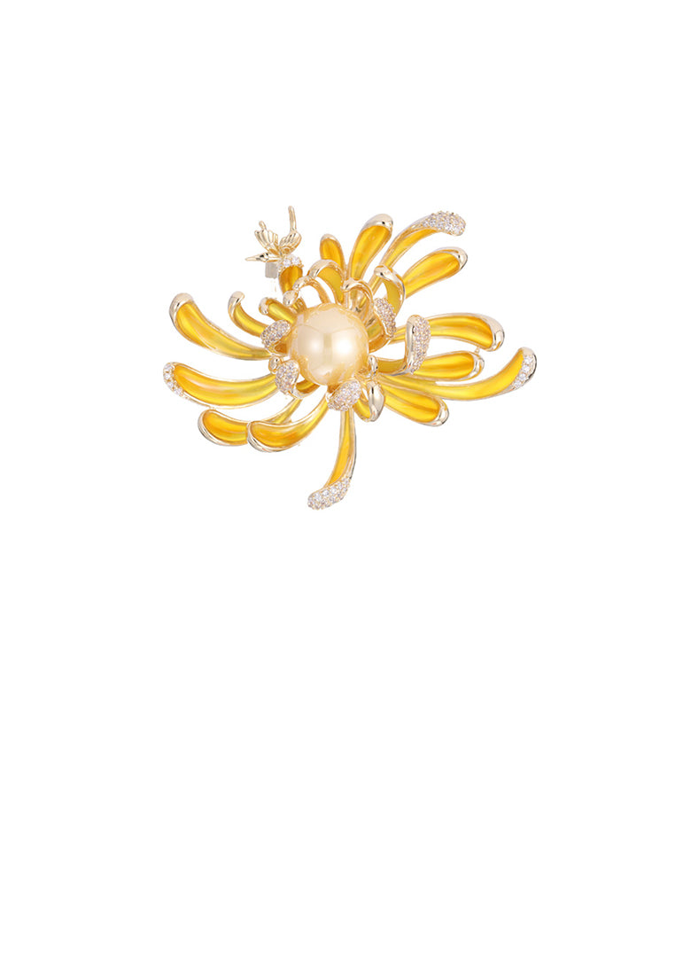 Fashion and Elegant Plated Gold Enamel Chrysanthemum Imitation Pearl Brooch with Cubic Zirconia - Luxurious Look